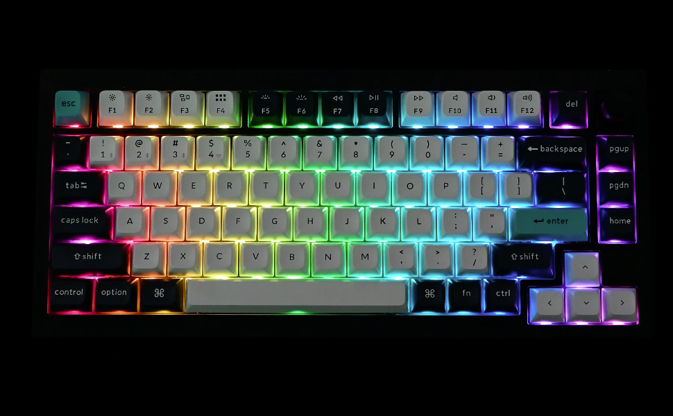 Hot-Swappable, PBT Keycaps with RGB Backlit.
